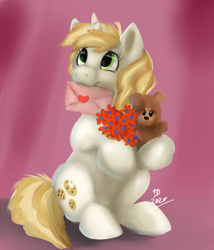 Size: 3000x3500 | Tagged: safe, artist:tehtigress, imported from derpibooru, sweet biscuit, pony, unicorn, adorabiscuit, cute, flower, heart, letter, looking up, mouth hold, sitting, teddy bear