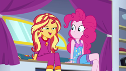 Size: 1600x900 | Tagged: safe, imported from derpibooru, screencap, pinkie pie, sunset shimmer, equestria girls, equestria girls series, sunset's backstage pass!, spoiler:eqg series (season 2), clothes, female, pajamas, sleeveless