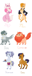 Size: 3139x7448 | Tagged: safe, artist:pikokko, imported from derpibooru, oc, oc only, oc:brass, oc:copper, oc:gold fever, oc:platinum royal, oc:silverware, oc:steel, abyssinian, anthro, cat, cat pony, digitigrade anthro, hybrid, original species, pony, unguligrade anthro, abyssinian oc, apron, boa, cat eyes, clothes, ear piercing, earring, fangs, feather boa, female, food, hair over one eye, interspecies offspring, jacket, jewelry, male, muffin, necklace, offspring, parent:capper, parent:capper dapperpaws, parent:oc:rose gold, parent:pinkie pie, parents:capperpie, piercing, siblings, simple background, slit eyes, slit pupils, white background