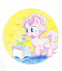 Size: 1280x1471 | Tagged: safe, artist:lost marbles, imported from derpibooru, gummy, pinkie pie, alligator, earth pony, pony, bath, brush, cleaning, colored pencil drawing, cute, female, mare, soap, soap bubble, traditional art