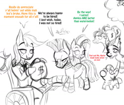 Size: 1427x1217 | Tagged: safe, artist:lil miss jay, imported from derpibooru, applejack, zecora, oc, oc:bandy cyoot, oc:zeal lanatus, oc:zeta, oc:zizzie, earth pony, pony, zebra, applejack's plantation, broken leg, cast, dialogue, everything went better than expected, good end, leg cast, money bag, monochrome, mouth hold, neo noir, not racist, partial color, sketch, squatpony, subversion, subverted meme, wheelchair, wholesome, zebra oc