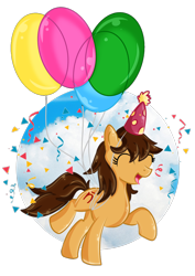 Size: 1080x1528 | Tagged: safe, artist:aletheiiadoodles, imported from derpibooru, oc, oc only, oc:maría teresa de los ponyos paguetti, earth pony, pony, balloon, hat, party hat, simple background, solo, transparent background, ya es hora