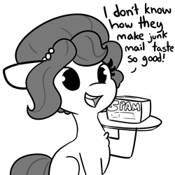 Size: 2250x2250 | Tagged: safe, artist:tjpones, imported from derpibooru, oc, oc only, oc:brownie bun, earth pony, pony, chest fluff, dialogue, female, floppy ears, food, grayscale, jewelry, mare, meat, monochrome, necklace, oblivious, open mouth, pearl necklace, plate, ponies eating meat, simple background, solo, spam, white background