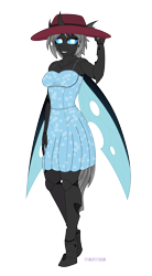 Size: 2200x4000 | Tagged: safe, artist:tertonda, imported from derpibooru, oc, oc only, oc:imago, anthro, changeling, unguligrade anthro, anthro oc, changeling oc, clothes, commission, cute, cute little fangs, cuteling, digital art, dress, exoskeleton, fangs, female, gift art, hat, ocbetes, simple background, smiling, solo, sun hat, sundress, transparent background