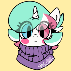 Size: 500x500 | Tagged: safe, artist:helithusvy, artist:thanhvy15599, imported from derpibooru, oc, oc only, oc:cotton sweets, pony, unicorn, :<, animated, blinking, bust, clothes, commission, commission result, eye clipping through hair, female, frown, gif, gif art, horn, looking at you, mare, simple background, sweater, unicorn oc, yellow background