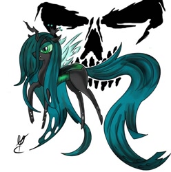 Size: 604x608 | Tagged: source needed, safe, artist:sandeline, imported from derpibooru, queen chrysalis, oc, changeling, changeling queen, insect, canon x oc, colored, dark, evil, female, simple background, white background