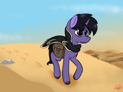 Size: 2834x2125 | Tagged: safe, artist:jubyskylines, imported from derpibooru, oc, oc only, oc:tyrian shade, saddle arabian, unicorn, backstory, bag, desert, journey, magical, purple, saddle bag, sand, travelling