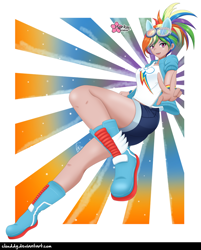 Size: 1026x1274 | Tagged: safe, artist:clouddg, imported from derpibooru, kotobukiya, rainbow dash, human, equestria girls, boots, breasts, busty rainbow dash, female, glasses, human coloration, humanized, kotobukiya rainbow dash, legs, looking at you, multiple variants, open mouth, peace sign, sexy, shoes, signature, solo, stupid sexy rainbow dash