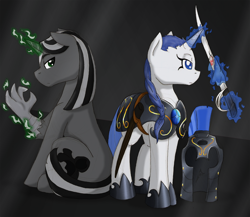 Size: 928x806 | Tagged: safe, artist:ravenpuff, imported from derpibooru, oc, oc only, oc:alias, oc:serene grace, changeling, armor, changeling oc, duo, eyelashes, female, filly, glowing horn, guard, helmet, hoof shoes, horn, magic, male, reflection, stallion, telekinesis, transformation