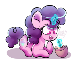 Size: 2827x2268 | Tagged: safe, artist:bubbly-storm, imported from derpibooru, sugar belle, pony, unicorn, bowl, cute, female, high res, magic, mare, mixing bowl, open mouth, prone, redraw, simple background, solo, sugarbetes, telekinesis, white background