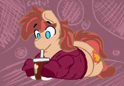 Size: 896x626 | Tagged: safe, artist:somefrigginnerd, imported from derpibooru, oc, oc only, oc:cottonwood kindle, earth pony, pony, abstract background, chubby, clothes, cup, drink, drinking, eye clipping through hair, hoodie, lying down, male, milkshake, solo, stallion