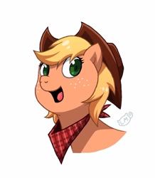 Size: 894x1024 | Tagged: safe, artist:lilmeeseart, imported from derpibooru, applejack, earth pony, pony, alternate hairstyle, bandana, bust, cowboy hat, cute, female, hat, jackabetes, mare, open mouth, short mane, simple background, solo, white background