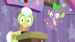 Size: 1920x1080 | Tagged: safe, imported from derpibooru, screencap, granny smith, spike, dragon, a trivial pursuit, card, curtain, curtains, stars, wide eyes, winged spike, wings