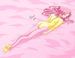 Size: 1280x990 | Tagged: safe, artist:shinta-girl, imported from derpibooru, fluttershy, human, equestria girls, clothes, female, humanized, leotard, sleeping, solo