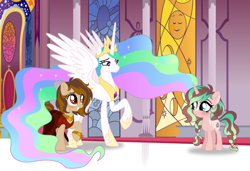 Size: 1285x880 | Tagged: safe, artist:unoriginai, imported from derpibooru, princess celestia, oc, oc:bookmark, oc:fairytale ending, blushing, canon x oc, canterlot castle, clothes, cute, dress, family, female, lesbian, magical lesbian spawn, mother and child, mother and daughter, offspring, origiverse, parent:oc:bookmark, parent:princess celestia, parents:canon x oc, story in the source, teenager