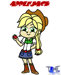 Size: 844x1036 | Tagged: safe, artist:tommychipmunk, imported from derpibooru, applejack, equestria girls, apple, clothes, food, pose, smiling