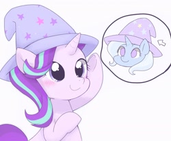 Size: 2048x1690 | Tagged: dead source, safe, artist:arrow__root, artist:ginmaruxx, imported from derpibooru, starlight glimmer, trixie, pony, unicorn, accessory swap, bipedal, blushing, clothes, cute, diatrixes, duo, female, glimmerbetes, hat, implied lesbian, implied shipping, implied startrix, mare, pointing, simple background, smiling, thought bubble, trixie's hat, weapons-grade cute, white background