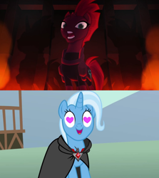 Size: 1280x1436 | Tagged: safe, edit, edited screencap, imported from derpibooru, screencap, tempest shadow, trixie, magic duel, my little pony: the movie, alicorn amulet, female, heart eyes, lesbian, shipping, shipping domino, tempestrix, wingding eyes