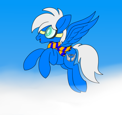 Size: 1920x1800 | Tagged: safe, artist:notadeliciouspotato, imported from derpibooru, oc, oc only, oc:silver seraph, pegasus, pony, aviator goggles, clothes, cloud, flying, goggles, male, open mouth, scarf, sky, smiling, solo, spread wings, stallion, wings