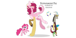 Size: 1370x695 | Tagged: safe, artist:magicuniclaws, imported from derpibooru, discord, pinkie pie, oc, oc:peppermint pie, draconequus, earth pony, hybrid, pony, discopie, female, interspecies offspring, male, offspring, parent:discord, parent:pinkie pie, parents:discopie, shipping, simple background, straight, transparent background