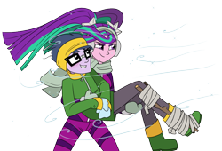 Size: 1280x870 | Tagged: safe, artist:verumteednp, deleted from derpibooru, imported from derpibooru, aria blaze, microchips, equestria girls, ariachips, blushing, bridal carry, carrying, clothes, female, holding, hurt/comfort, male, shipping, simple background, straight, transparent background, winter, winter outfit