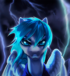 Size: 743x807 | Tagged: safe, artist:dolorosacake, imported from derpibooru, oc, oc only, oc:sky fang, pegasus, pony, angry, commission, community related, lightning, solo, storm