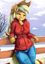 Size: 1414x2000 | Tagged: safe, artist:fidzfox, edit, imported from derpibooru, applejack, anthro, earth pony, breasts, busty applejack, clothes, cute, eyes closed, female, fence, grin, hoodie, jackabetes, mare, smiling, snow