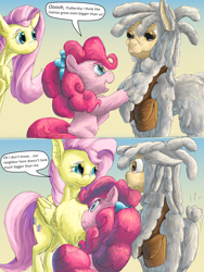 Size: 1188x1584 | Tagged: safe, artist:firefanatic, imported from derpibooru, fluttershy, pinkie pie, earth pony, llama, pegasus, pony, :3, alternate design, bow, chest fluff, cute, digital art, dreadlocks, long mane, satchel, size difference, smiling, surprised, tallershy