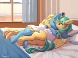 Size: 3848x2852 | Tagged: safe, artist:lunebat, imported from derpibooru, oc, oc only, oc:skydreams, oc:summer ray, pegasus, pony, unicorn, ass, bed, butt, commission, cute, cutie mark, daaaaaaaaaaaw, duo, ear fluff, eyelashes, eyes closed, female, hug, lying down, mare, pillow, plot, snuggling, sunbathing, sweet dreams fuel, towel, window