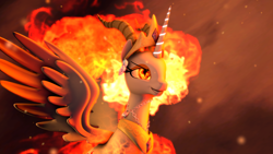 Size: 3840x2160 | Tagged: safe, artist:twilighlot, idw, imported from derpibooru, nightmare star, princess celestia, pony, reflections, spoiler:comic, 3d, ash, evil celestia, evil counterpart, female, fire, mirror universe, solarflareseries, solo, sun