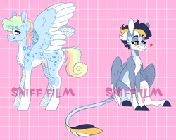 Size: 1024x814 | Tagged: safe, artist:mcwolfity, imported from derpibooru, oc, oc only, pegasus, pony, abstract background, colored hooves, duo, heart, leonine tail, pegasus oc, rainbow tail, watermark, wings