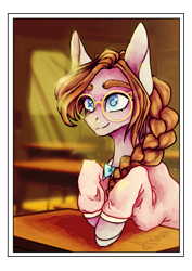 Size: 1600x2263 | Tagged: safe, artist:aineveri, artist:ashen-soul, imported from derpibooru, oc, oc only, oc:anne marie, pony, braid, clothes, crepuscular rays, female, glasses, mare, smiling, solo, sweater, wingding eyes