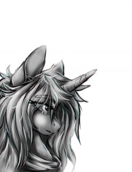 Size: 1024x1323 | Tagged: safe, artist:aineveri, artist:ashen-soul, imported from derpibooru, oc, oc only, pony, unicorn, bust, clothes, crying, eye clipping through hair, female, grayscale, mare, monochrome, profile, redraw, scarf, simple background, solo, white background
