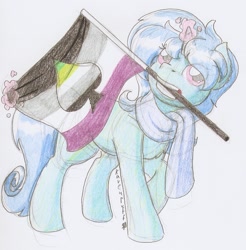 Size: 1057x1076 | Tagged: safe, artist:ravenpuff, imported from derpibooru, oc, oc:chilly heart, pony, unicorn, aromantic, aromantic pride flag, asexual, asexual pride flag, clothes, female, flag, magic, mare, pride, pride flag, scarf, solo, traditional art