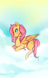 Size: 1929x3109 | Tagged: safe, artist:jiinxi, imported from derpibooru, fluttershy, pegasus, pony, blushing, cloud, cutie mark, ear fluff, female, looking at you, mare, no pupils, sky, solo, speedpaint