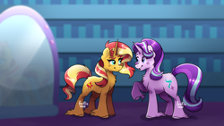 Size: 1920x1080 | Tagged: safe, artist:foxklt, imported from derpibooru, starlight glimmer, sunset shimmer, pony, unicorn, equestria girls, mirror magic, spoiler:eqg specials, chest fluff, looking at each other, magic mirror, mirror, twilight's castle, unshorn fetlocks