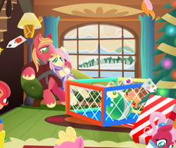Size: 2232x1872 | Tagged: safe, alternate version, anonymous artist, imported from derpibooru, big macintosh, fluttershy, oc, oc:apple flutter, oc:apple sorbet, oc:crabapple cider, oc:pink lemonade, oc:pink pearl apple, oc:summer breeze, earth pony, pegasus, pony, series:fm holidays, baby, baby pony, bags under eyes, bathrobe, book, christmas, christmas tree, clothes, colt, drool, facial hair, family, female, filly, floating, fluttermac, fluttershy's cottage, footed sleeper, freckles, hearth's warming, holiday, hoof on shoulder, lidded eyes, lineless, looking down, loose hair, male, moustache, no pupils, offscreen character, offspring, older, onesie, pajamas, parent:big macintosh, parent:fluttershy, parents:fluttermac, playpen, pregnant, present, robe, shipping, siblings, snow, straight, tree
