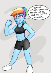 Size: 2508x3541 | Tagged: safe, alternate version, artist:anon_1515, imported from derpibooru, rainbow dash, human, equestria girls, equestria girls series, abs, abstract background, alternate hairstyle, beautiful, belly button, blue skin, bra, clenched fist, clothes, delicious flat chest, dialogue, explicit source, eyebrows, female, flexing, gym shorts, humanized, legs, looking at you, muscles, muscular female, ponytail, rainbow flat, rainbuff dash, sexy, shoes, shorts, smiling, speech bubble, sports bra, spread legs, underwear