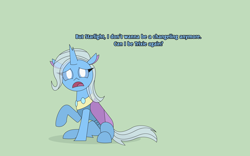 Size: 4136x2589 | Tagged: safe, artist:gd_inuk, imported from derpibooru, trixie, changedling, changeling, changedlingified, changelingified, cute, dialogue, female, green background, high res, implied starlight glimmer, looking at you, open mouth, sad, sadorable, simple background, sitting, species swap, trixieling