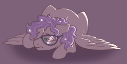 Size: 1000x502 | Tagged: safe, artist:dolliewings, imported from derpibooru, oc, oc only, pegasus, pony, floppy ears, frown, glasses, lidded eyes, prone, purple background, sad, simple background, solo, spread wings, tired, vent art, wings