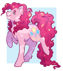 Size: 953x1082 | Tagged: safe, artist:dolliewings, imported from derpibooru, pinkie pie, earth pony, pony, abstract background, blaze (coat marking), butt fluff, chest fluff, coat markings, colored pupils, cutie mark, dappled, facial markings, female, leg fluff, looking at you, mare, profile, raised hoof, smiling, solo