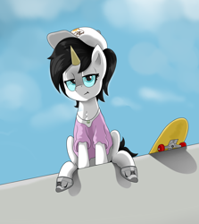 Size: 4055x4540 | Tagged: safe, artist:waffletheheadmare, imported from derpibooru, oc, oc only, oc:wafflehead, black hair, black mane, black tail, blue eyes, boots, cap, clothes, cloud, concrete, female, half-closed eyes, hat, jewelry, mare, mtv, necklace, nike, nike (brand), peace sign, peace symbol, ponytail, shirt, shoes, sitting, skateboard, sky, t-shirt, waffle cone, white coat