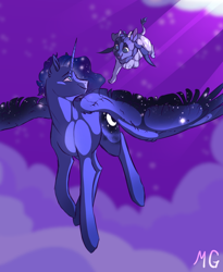 Size: 1586x1933 | Tagged: safe, artist:dolliewings, imported from derpibooru, princess luna, oc, oc:moonshine, alicorn, hybrid, pony, child, cloud, crepuscular rays, cutie mark, duo, ethereal mane, female, flying, flying lesson, happy, interspecies offspring, looking back, looking over shoulder, male, mare, mother and child, mother and son, night, offspring, open mouth, parent:discord, parent:princess luna, parents:lunacord, smiling, spread wings, starry mane, starry wings, stars, wings