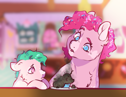 Size: 1113x854 | Tagged: safe, artist:dolliewings, imported from derpibooru, pinkie pie, oc, oc:hanky, earth pony, pony, alternate hairstyle, bad cooking, blaze (coat marking), burnt, cheek fluff, chest fluff, coat markings, colt, confetti, confetti in mane, cupcake, dappled, duo, facial markings, female, floppy ears, food, magical lesbian spawn, male, mare, mother and child, mother and son, offspring, parent:fluttershy, parent:pinkie pie, parents:flutterpie, sad, sugarcube corner
