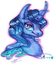 Size: 5631x6800 | Tagged: safe, artist:angusdra, imported from derpibooru, oc, oc only, pony, unicorn, absurd resolution, bust, curved horn, horn, jewelry, licking, licking lips, necklace, simple background, slit eyes, slit pupils, solo, tongue out, traditional art, transparent background