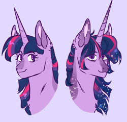 Size: 749x715 | Tagged: safe, artist:dolliewings, imported from derpibooru, twilight sparkle, pony, alternate hairstyle, blaze (coat marking), bust, chest fluff, coat markings, ear fluff, ethereal mane, eye clipping through hair, facial markings, female, horn, long horn, looking at you, mare, older, older twilight, purple background, simple background, smiling, solo, starry mane