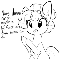 Size: 1080x1080 | Tagged: safe, artist:tjpones, imported from derpibooru, part of a set, oc, oc only, oc:brownie bun, earth pony, pony, comic, dialogue, female, mare, monochrome, open mouth, pearl, simple background, solo, underhoof, white background