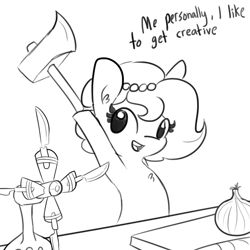Size: 1080x1080 | Tagged: safe, artist:tjpones, imported from derpibooru, part of a set, oc, oc only, oc:brownie bun, earth pony, pony, axe, black and white, chest fluff, comic, dialogue, fan, female, food, grayscale, knife, knife fan, lineart, looking at you, mare, monochrome, onion, open mouth, pearl, simple background, solo, this will end in death, this will end in fire, this will end in tears, this will end in tears and/or breakfast, this will end in tears and/or death, this will not end well, weapon, white background, xk-class end-of-the-kitchen scenario