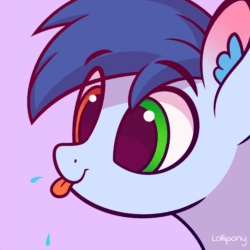 Size: 2000x2000 | Tagged: safe, artist:lollipony, imported from derpibooru, part of a set, oc, oc only, oc:slipstream, pegasus, pony, animated, blue background, bust, commission, cute, ear fluff, eye clipping through hair, heterochromia, male, pbbtt, portrait, raspberry noise, silly, silly pony, simple background, solo, spit, stallion, tongue out, ych result