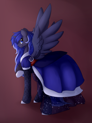 Size: 1500x2000 | Tagged: safe, artist:dreamy, artist:lionbun, artist:littledreamycat, imported from derpibooru, oc, oc only, oc:moonlight, alicorn, pony, abstract background, clothes, commission, dress, elegant, ethereal mane, parent:luna, parent:princess luna, smiling, solo, spread wings, starry mane, wings